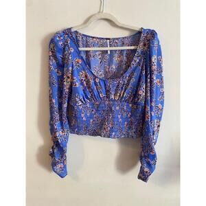Free People Blue Floral Print‎ Square Neckline Cropped Blouse Size Small